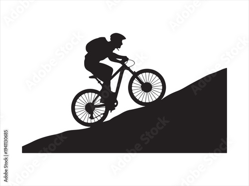 Vector cyclist silhouette riding uphill on mountain trail illustration design. Mountain biking silhouette rider climbing steep hill vector on white background