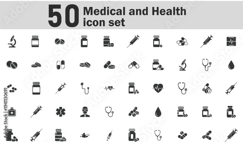 A set of 50 medical and health related icons in black color