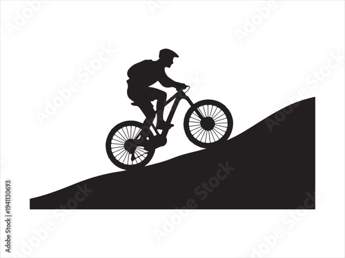 Vector cyclist silhouette riding uphill on mountain trail illustration design. Mountain biking silhouette rider climbing steep hill vector on white background