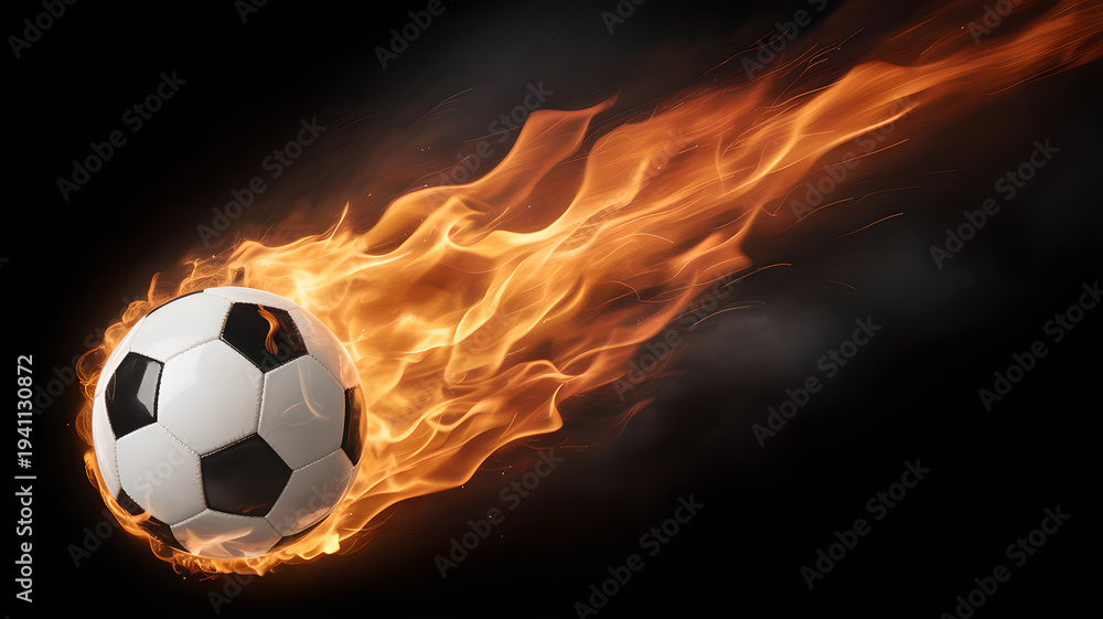 Fototapeta premium Black and white soccer ball on fire with flames black background white and black ball