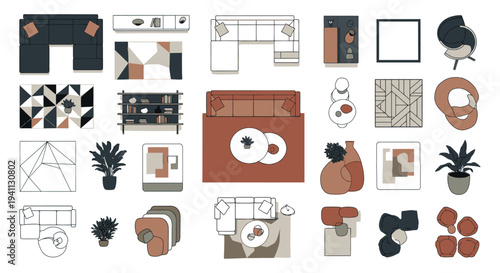 overhead view of modern home furniture and decor flat vector icons for interior design layouts and architectural planning.