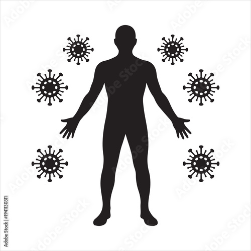 Silhouette of a person with a virus symbol, Human body fluid infection virus particles attacking cells 