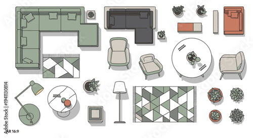 overhead flat lay of modern furniture and home decor items perfect for interior design layouts and apartment styling concepts