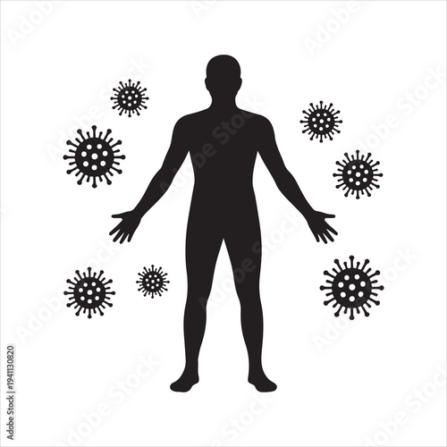 Silhouette of a person with a virus symbol, Human body fluid infection virus particles attacking cells 