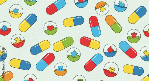 Colorful Capsules and Toys Pattern, Medical and Childhood Theme