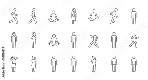 simple line art human icons illustrating diverse poses and actions including walking running and meditation ideal for modern design and ui projects.