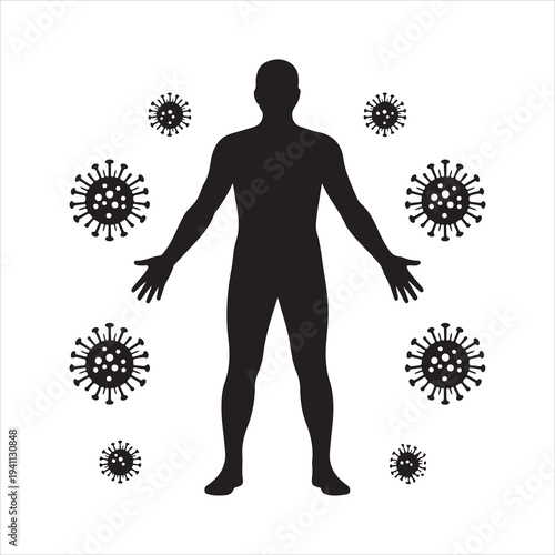 Silhouette of a person with a virus symbol, Human body fluid infection virus particles attacking cells 