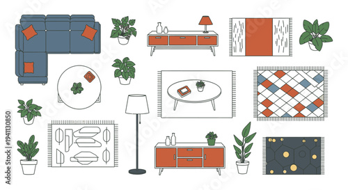 top view flat lay of modern home furniture potted plants and decor elements in a clean outline style perfect for interior design.