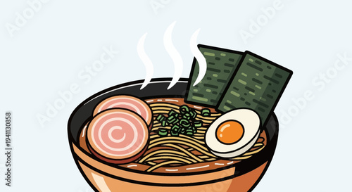 Delicious Ramen Bowl with Steaming Broth, Noodles, Egg, and Seaweed - Japanese Cuisine