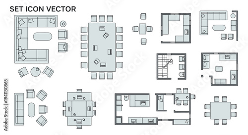 vector set of floor plan icons illustrating various room layouts and furniture arrangements for interior design projects.