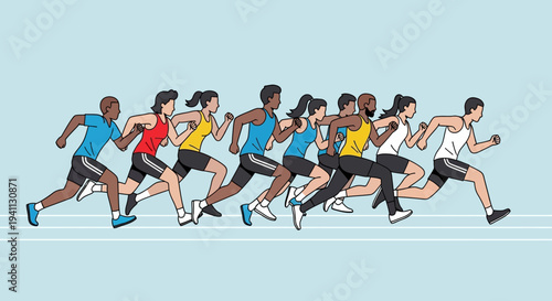 Diverse group of athletes running a race on a track, side view, dynamic motion