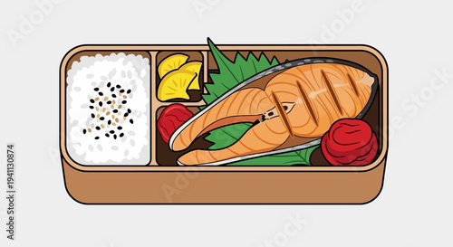 Healthy Salmon Bento Box Lunch: Grilled Fish, Rice, Pickled Ginger, and Umeboshi