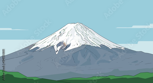 Iconic Mount Fuji Snow-Capped Peak in Minimalist Flat Design Style