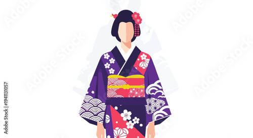 Traditional Japanese Woman in Purple Kimono with Floral Patterns and Waves