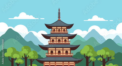 Traditional Japanese Pagoda Temple Surrounded by Lush Green Mountains and Trees