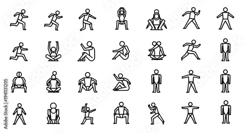 minimalist stick figure icons illustrating diverse human poses and actions perfect for conveying fitness movement and activity.