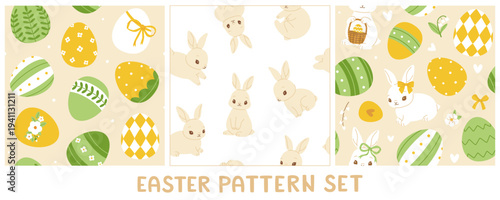 Cute easter pattern set with bunny and eggs. Seamless vector easter prints collection.