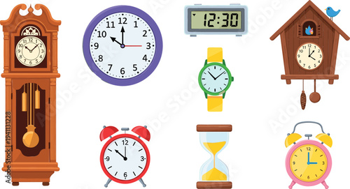 Large collection of various clocks including antique grandfather clock cuckoo clock alarm clock digital timer and hourglass isolated on white background vector illustration.