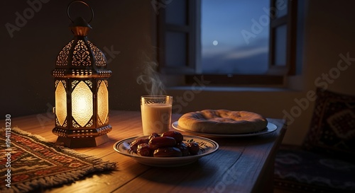 ramadan iftar meal with dates steaming milk and bread illuminated by a traditional lantern in a peaceful evening setting.