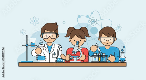 Children conducting science experiments in a lab, learning and exploring