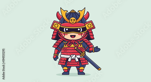 Cute Samurai Warrior Character, Japanese Warrior, Cartoon Style