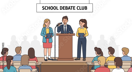 School Debate Club: Students presenting arguments on stage to an audience