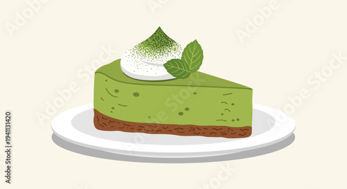 Slice of Matcha Cheesecake with Whipped Cream and Mint Leaf on Plate
