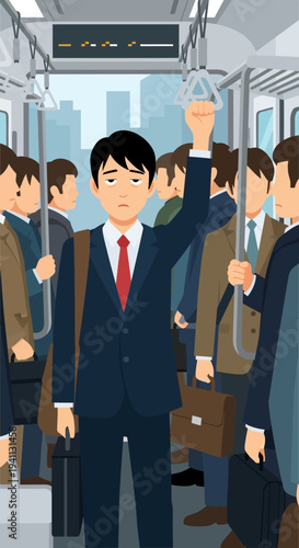 Tired Businessman Commuting on Crowded Subway During Rush Hour