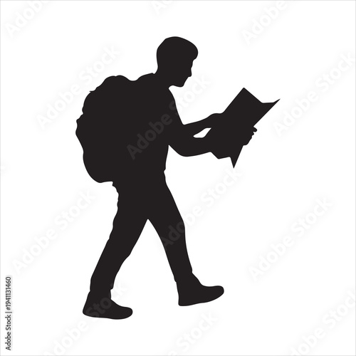 Silhouette of a Men Checking Map Vector on White Background. Traveler with Backpack Reading Map Silhouette Vector Illustration