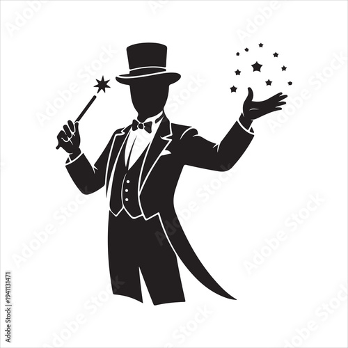 Magician Performing Magic Trick Silhouette Vector Illustration. Elegant magician in top hat performing magic trick vector
