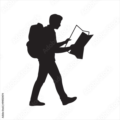 Silhouette of a Men Checking Map Vector on White Background. Traveler with Backpack Reading Map Silhouette Vector Illustration