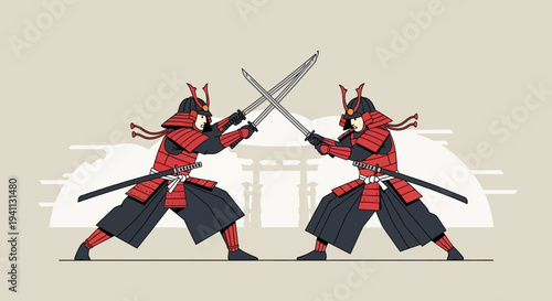 Two Samurai Warriors in Combat, Swords Crossed, Traditional Japanese Armor, Minimalist Style