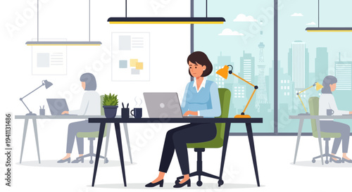 Woman working on laptop in modern office with city view