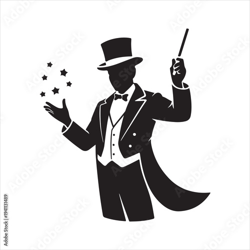 Magician Performing Magic Trick Silhouette Vector Illustration. Elegant magician in top hat performing magic trick vector
