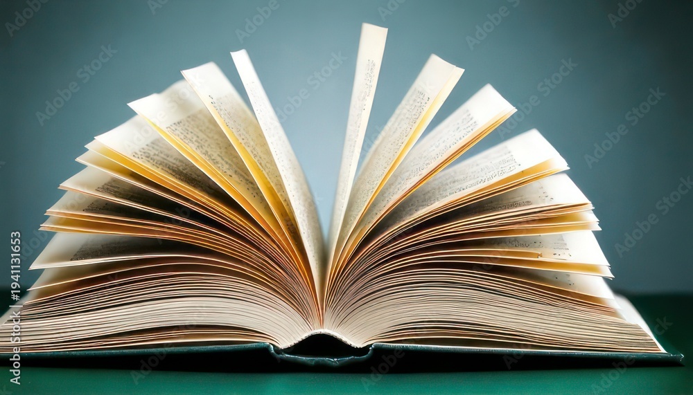 Fototapeta premium Open book with pages fanned out on a green surface.