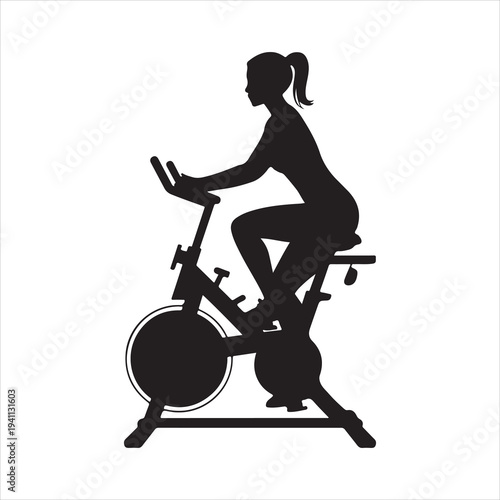 Silhouette vector of a woman exercising on a stationary bike illustration on white background