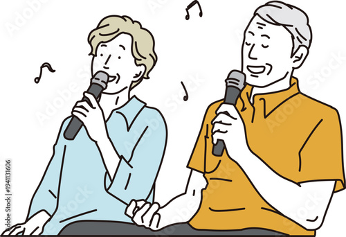 仲良くカラオケをするシニア夫婦のイラスト素材