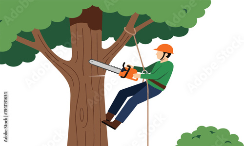 Professional arborist in safety gear using a chainsaw to prune a large tree branch while climbing with ropes vector illustration.