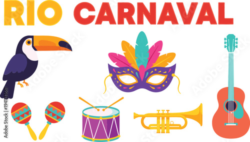 Rio Carnaval vector set featuring toucan colorful mask guitar drum trumpet and maracas isolated on white background for festival celebration concept.