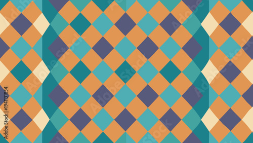 Geometric diamond pattern in blue, teal, and orange hues