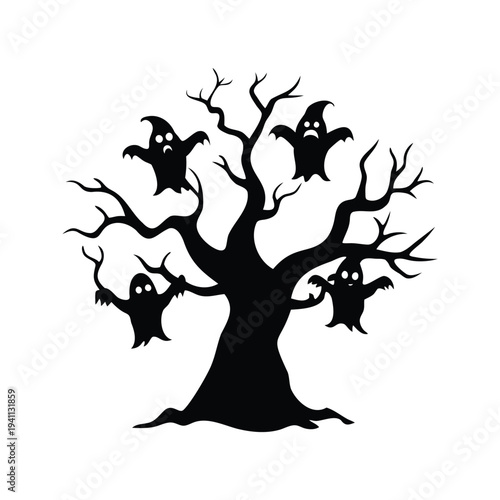 ghosts hovering around haunted tree silhouette vector illustration, Halloween tree with bats silhouette vector illustration for spooky season decorations