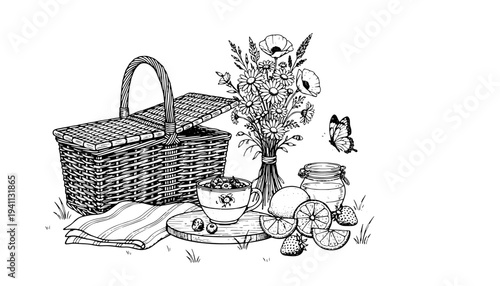 Picnic basket tea cups and flowers vector engraving style on white isolated background for summer invitation design