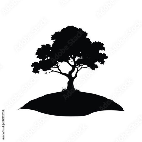 lone tree on hill at sunset silhouette vector illustration, Silhouette of a majestic tree on a hill, perfect for nature-themed vector illustration