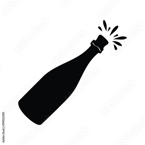 opened champagne bottle with cork popping silhouette vector illustration, Silhouette of champagne bottle with popping cork, celebrating success, vector illustration