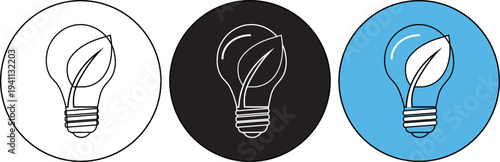 Illustration of three light bulb with a leaf inside. The concepts represent ideas, innovation, and environmental friendliness.