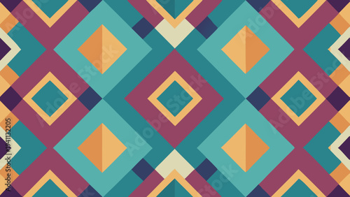 Retro geometric pattern featuring teal, purple and gold diamonds