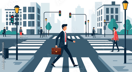 Businessman crossing city street on crosswalk, urban commute, business district background