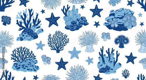 Seamless Pattern of Blue Coral Reef and Starfish on White Background