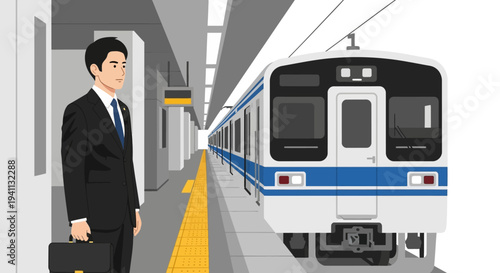 Businessman waiting for train at station platform, commute, business travel