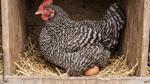 Hen Laying Eggs in Nesting Box.